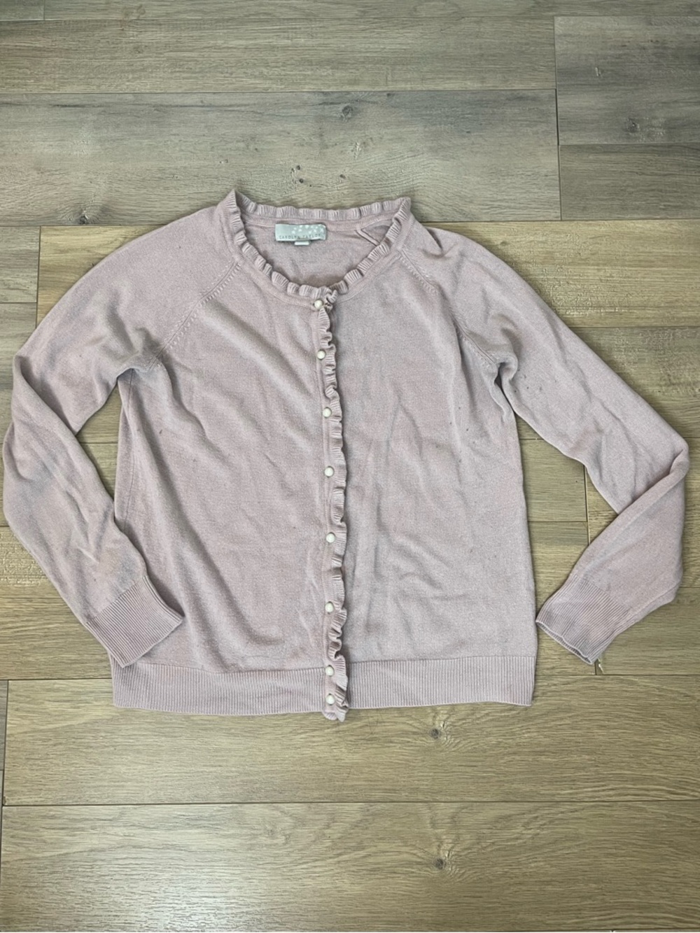Carolyn Taylor Blush Pink Ruffle-Trim Pearl Cardigan